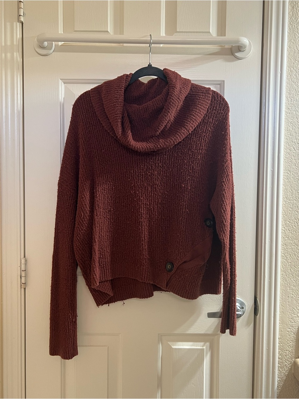 Women's Cowl Neck Sweater with Side Button Detail - Rust